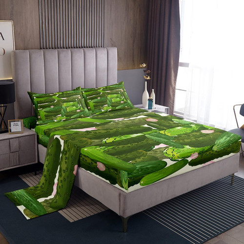 Feelyou Kids Cute Pickles Sheet Set Twin Size Pickles Bed Sheets Set for Boys Teens Decor Cucumber Sheets with Deep Pocket Fitted Sheet Green Vegetable Bedroom 3Pcs