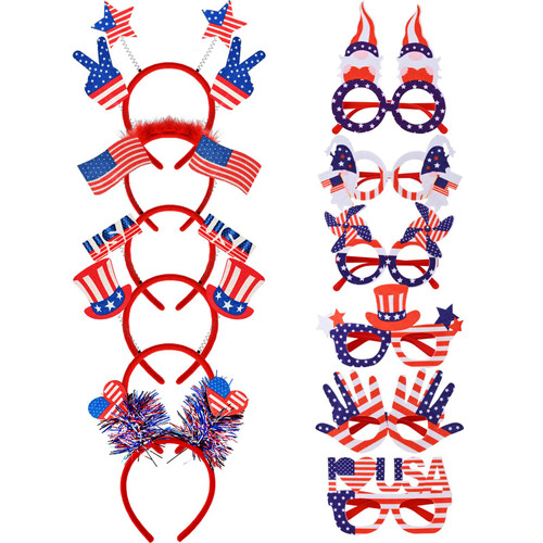 12 Pcs Patriotic Day Accessories Set July Headbands and Glasses Head Boppers Headbands Sunglasses for Fourth 4th of July Party Accessories Patriotic Accessories Decorations