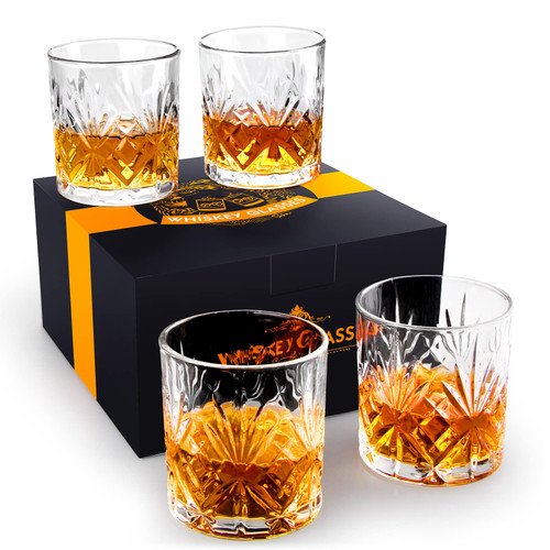 Rosoenvi Whiskey Glass Set of 4, Old Fashioned Glasses with Gift Box, 10oz Rocks Glasses Barware for Whiskey, Bourbon, Scotch and Liquor Drinks, Gift for Men