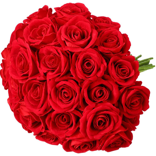 30 Pcs Artificial Velvet Roses Bouquet Fake Rose Single Long Stem White Red Bridal Bouquet for Wedding Centerpiece Realistic Home Flower Arrangement Garden Party Decoration (Red)