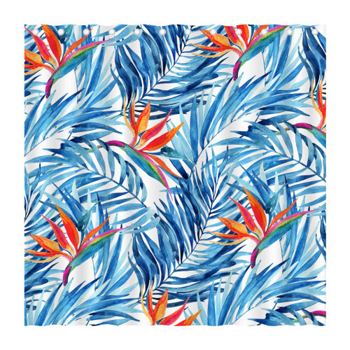 Tropical Blue Palm Leaves Shower Curtain Set, Watercolor Paradise Bird Flower Summer Exotic Bathroom Shower Curtain, Waterproof Washable Polyester Fabric Bathroom Bathtub Decor with Hooks, 72"x72"
