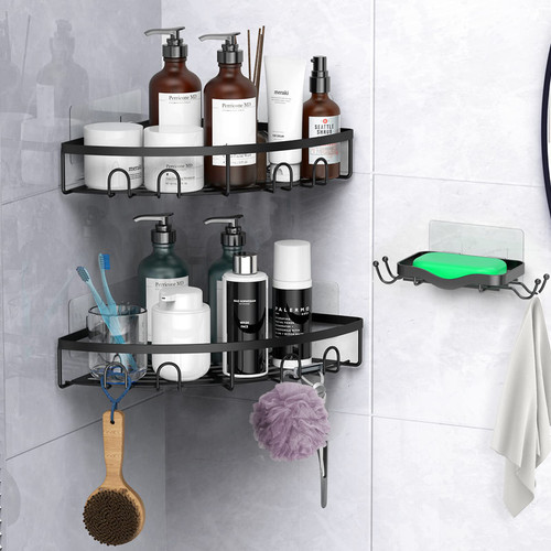Kerisgo Corner Shower Caddy, 3 Pack Adhesive Bathroom Shower Corner Organizer Shelf with Soap Holder, No Drilling Rustproof Wall Mounted Shower Storage Rack Shampoo Holder Organizer (Matte Black)