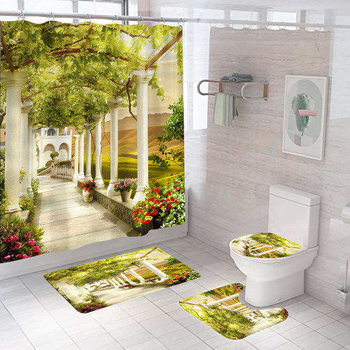 DDS-DUDES 4Pcs Gallery Vines Shower Curtain Sets, Natural Scenery Waterproof Shower Curtain Sets for Bathroom with Non Slip Rugs, Toilet Cover and Bath Mat, 12 Plastic Hooks (Gallery)
