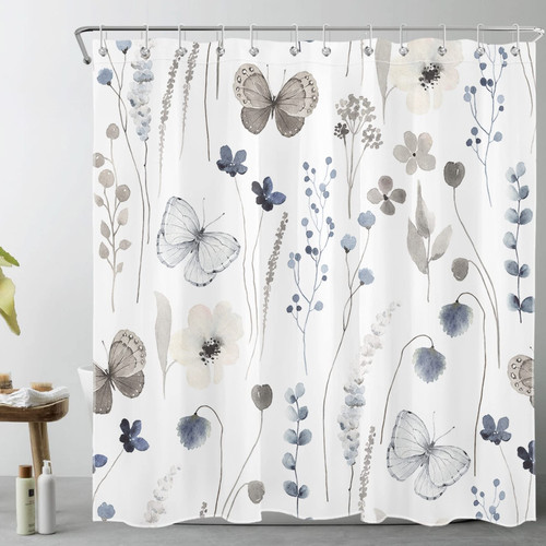 LB Grey Butterfly Shower Curtain for Bathroom,Vintage Watercolor Blue Floral and Eucalyptus Leaf Fabric Shower Curtain with Hooks,Spring Nature Floral Plant Bathroom Curtains Shower Set, 72x72 inches