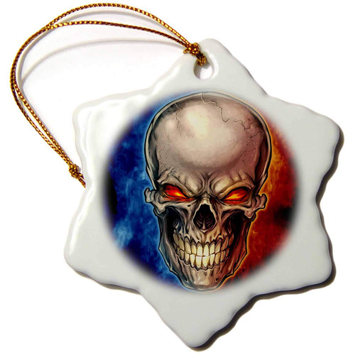 3dRose Dark, Illustration, Graphic Design, Skull surrounded by blue and red smoke - 3 inch Snowflake Porcelain Ornament (orn_252460_1)