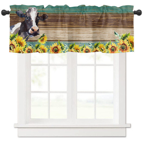 Valance Curtains for Living Room/Bedroom/Bathroom/Kitchen Window,Rod Pocket Window Valance Tiers Small Window Curtain Drape Window Panel Treatment,Farm Animal Cow Sunflower Watercolor,1 Panel 54x18