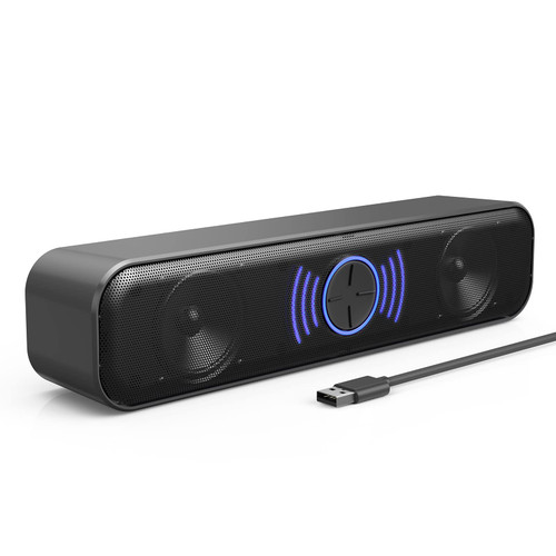 USB Computer Speaker with Stepless Knob, Dual 5W Stereo, Bass Boost Holes, RGB Light Shifting. Plug-n-Play Gaming PC Speaker for Desktop with Full Compatibility, Portable Computer Soundbar for Laptop