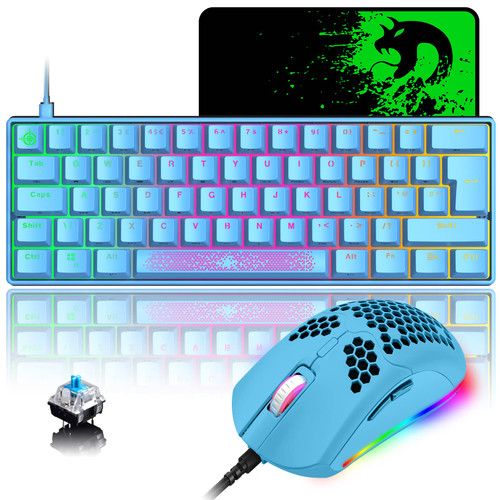 Mechanical Mini RGB Gaming Keyboard and Mouse Combo with Compact 62Key Layout Rainbow Backlight Anti-ghosting 6400DPI Honeycomb Mice Type-C Wired for PC Mac Gamer Laptop Typists DIY(Blue/Blue Switch)