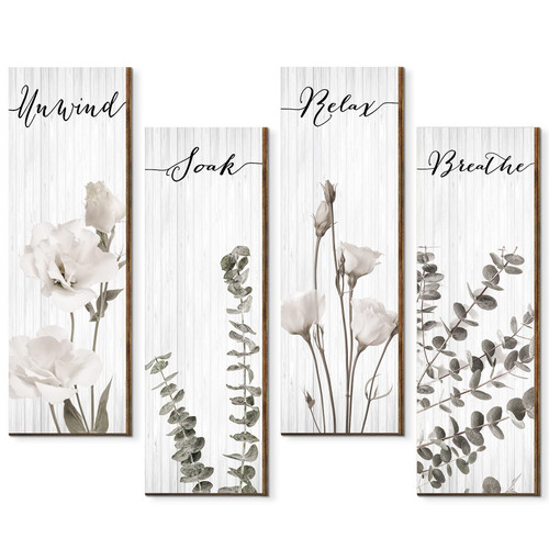 Boho Botanical Bathroom Wall Decor Relax Soak Unwind Breathe Bathroom Wall Wooden Sign Minimalist Floral Bathroom Wall Arts for Home Bathroom Washroom Laundry Room Wall Decorations (11 x 3.5 Inch)