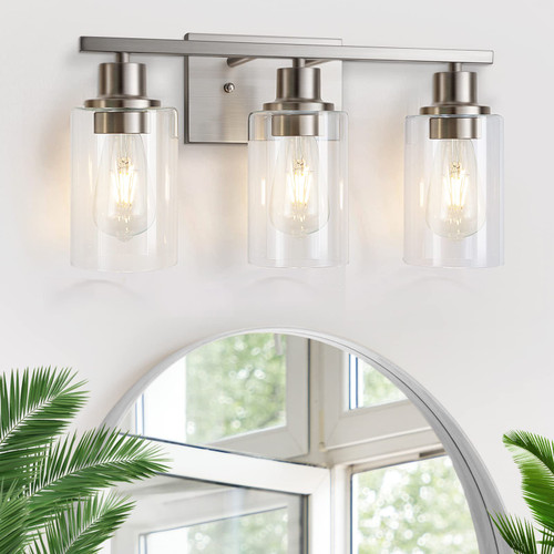 Watyo 3-Light Bathroom Vanity Light Fixtures, Brushed Nickel Wall Sconce Lighting Modern Wall Light with Clear Glass Shade, Porch Wall Lamp Mounted Lights over Mirror for Living Room, Bedroom, Hallway Watyo 3-Light Bathroom Vanity Light Fixtures, Brushed Nickel Wall Sconce Lighting Modern Wall Light with Clear Glass Shade, Porch Wall Lamp Mounted Lights over Mirror for Living Room, Bedroom, Hallway