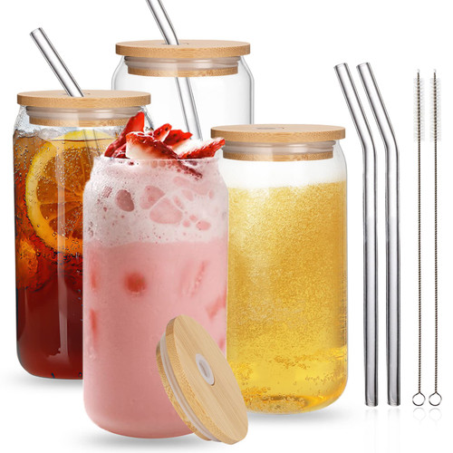 UHAPEER Drinking Glasses Beer Can Glass Cups 16 oz Cute Cups with Bamboo Lids and Straws Can Shaped Glass Cups for Tea Ice Soda Iced Coffee Cup UHAPEER Drinking Glasses Beer Can Glass Cups 16 oz Cute Cups with Bamboo Lids and Straws Can Shaped Glass Cups for Tea Ice Soda Iced Coffee Cup