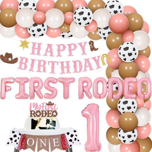 First Rodeo Birthday Party Decoration Western Cowgirl 1st Birthday Balloon Garland Kit with Cowgirl Happy Birthday Banner My First Rodeo Cake Topper for Western Theme Bday Party Supplies