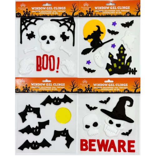 Halloween Gel Clings: Witch Graveyard Grim Reaper Scary Tree Skull and Bones Decorations for Home Office Windows Mirrors and More