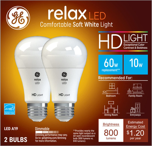 GE Lighting Relax LED HD Light Bulbs, 10 Watt (60 Watt Equivalent) Soft White, Medium Base, Dimmable (2 Pack)