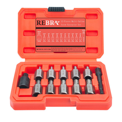 REBRA Double Head Screw Extractor Set, 12-Pieces 3/8" Inch Drive Easy Out Bolt Remover Kit, Hex Head Multi-Spline for Removing Stripped, Rounded, Damaged, Broken - 2023 Newest Version