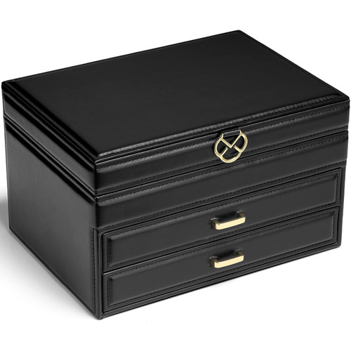 Vlando 3-Layer Jewelry Box for Women Girls - Jewelry Organizer Box with Mirror - Jewelry Storage Box with 2 Drawers for Necklace Rings, Earrings, Bracelet - Black Vlando 3-Layer Jewelry Box for Women Girls - Jewelry Organizer Box with Mirror - Jewelry Storage Box with 2 Drawers for Necklace Rings, Earrings, Bracelet - Black