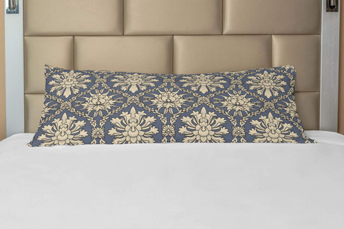 Lunarable Oriental Body Pillow Case Cover with Zipper, Monochrome Floral Elements with Blooming Pattern Chinese Civilization Aspects, Decorative Accent Long Pillowcase, 21" x 54", Grey Blue