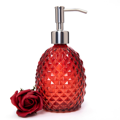 Glass Soap Dispenser with Stainless Steel Pump, 12oz Clear Dish Soap/Hand Soap/Laundry Soap/Lotion Dispenser, Refillable Liquid Dispenser for Bathroom Kitchen Shower (Bright red)