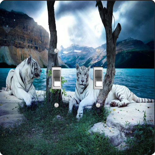 Rikki Knight White Tigers Design Double Toggle Light Switch Plate