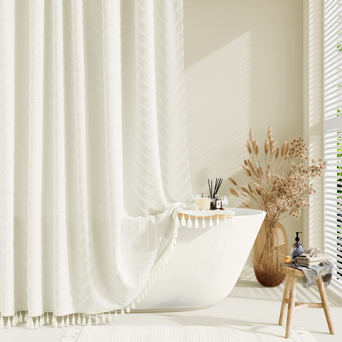 Dynamene Extra Long Shower Curtains, 84 Inches Long Boho Tufted Chevron Striped Fabric Shower Curtains for Bathroom, Tall Minimalist Chic Waterproof Cloth Shower Curtain Set with Hook, Cream, 72x84 Dynamene Extra Long Shower Curtains, 84 Inches Long Boho Tufted Chevron Striped Fabric Shower Curtains for Bathroom, Tall Minimalist Chic Waterproof Cloth Shower Curtain Set with Hook, Cream, 72x84