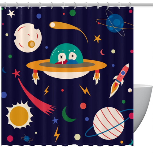 VAPOKF Shower Curtain for Bathroom Decor, Cartoon Space Planet Rocket Waterproof Polyester Fabric Bath Curtain Set with 12 Hooks - 66x72 Inches