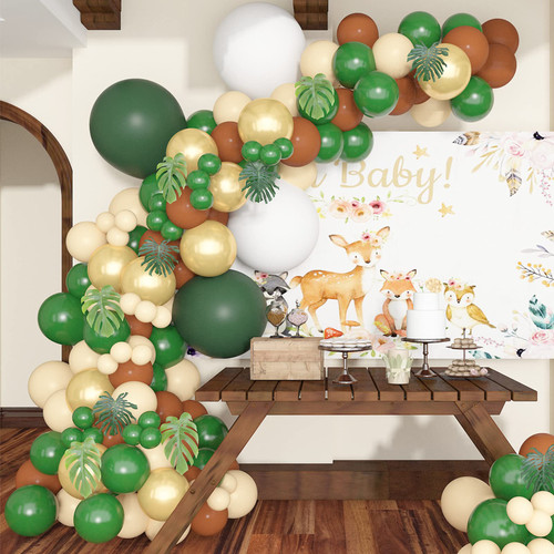 Pateeha Woodland Baby Shower Decorations 135 Pcs Woodland Balloon Garland Kit Green White Gold Brown Nude Balloon Arch 10 Pcs Palm Leaves for Fall Birthday Party Decorations