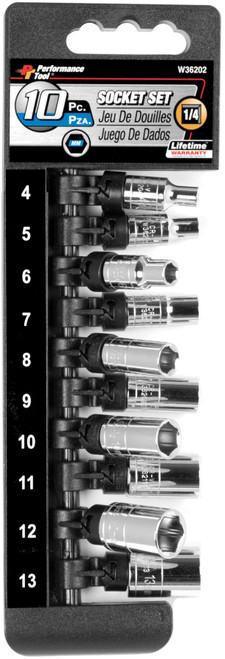 Performance Tool W36202 1/4-Inch Drive 6-Point MET Socket Set, 10-Piece