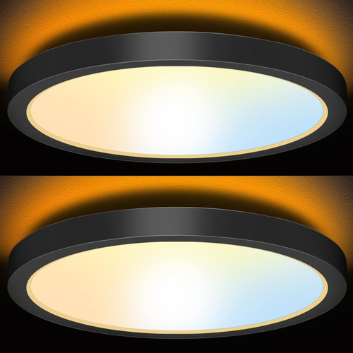 2 Pack 13 Inch LED Flush Mount Ceiling Light with Night Light, 24W, 2400lm, 3000K/4000K/5000K Selectable, Round Flat Panel Light, Dimmable Ceiling Light Fixture for Dining Room, Bedroom - Black