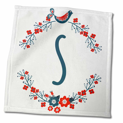 3dRose Monogram Initial Letter S with a red and Blue Floral Wreath and Bird. - Towels (twl-336886-3)