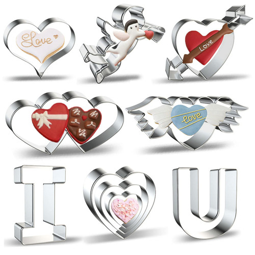 Heart Cookie Cutter Set - 10 Piece Metal Valentine's Day Cookie Cutters Shapes - Heart with Arrow, Cupid with Heart, Heart with Wings, Double Heart, I Love U Alphabet Angel Heart Cookie Cutters Molds