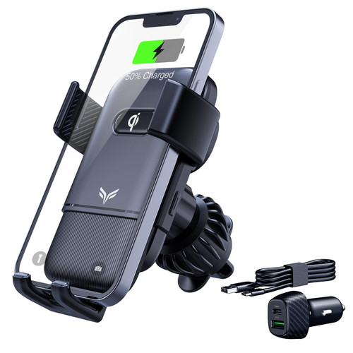 Wireless Car Charger, 15W Qi Auto-Clamping Car Phone Holder Mount Fast Charging, Wireless Car Mount for iPhone 14/13/12, Galaxy with QC 3.0 Car Charger and Type C Cable
