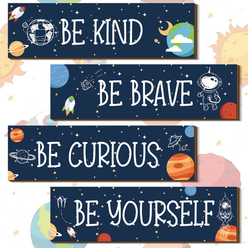4 PCS Space Themed Bedroom Decor Inspirational Wall Art Decor Motivational Hanging Plaque Sign Outer Space Room Decor Outer Space Nursery Decor for Boys Kids Playroom Classroom Decor (Blue)