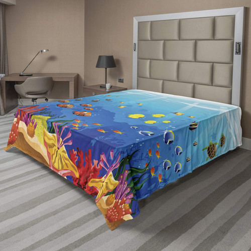 Lunarable Ocean Flat Sheet, Sea Life Navy Fish Moss Shells Bubbles Stones and Sunbeams Rays Nautical Cartoon, Soft Comfortable Top Sheet Decorative Bedding 1 Piece, Queen Size, Aqua Blue