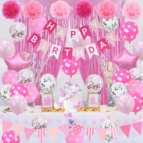 Pink Birthday Party Decorations, Light Pink and White Decorations with Happy Birthday Banner, Tissue Pom Pom Flowers, Hot Pink and White Balloons, Pink Foil Fringe Curtain, Happy Birthday Party Supplies for Girls Women Kids Pink Birthday Party Decorations, Light Pink and White Decorations with Happy Birthday Banner, Tissue Pom Pom Flowers, Hot Pink and White Balloons, Pink Foil Fringe Curtain, Happy Birthday Party Supplies for Girls Women Kids
