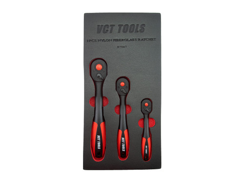 VCT 3PC Ratchet Set 1/2" 3/8" 1/4" Drive Socket Wrench Quick Release Composite Offset Handle Reversible Gear Spanner 72-Tooth Includes Storage Tray