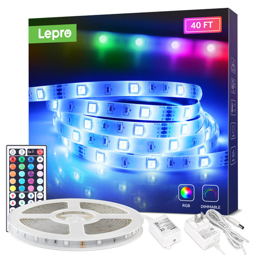 Lepro LED Strip Lights, 39.4Ft RGB LED Strips, 5050 SMD LED Color Changing Strip Light with 44 Keys Remote Controller and 24V Power Supply, Ideal for Christmas Decorations,Bedroom, Home, TV Backlight