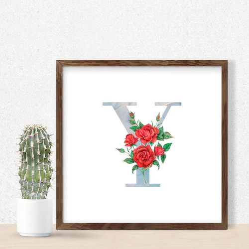 Monogram Blue Initial Letter Y Framed Wood Sign Plaque Art Decor Funny Floral Script Family Name Signs Custom Wood Signs for Bathroom Living Room Front Porch 7x7in