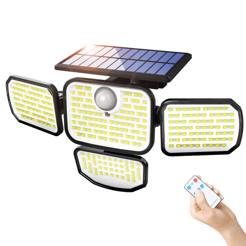 Esbaybulbs Solar Outdoor Lights, 286 LED Motion Sensor Outdoor Lights with Remote Control, IP65 Waterproof,4 Heads Solar Flood Lights with 3 Modes for Garden Patio Yard 1 Pack