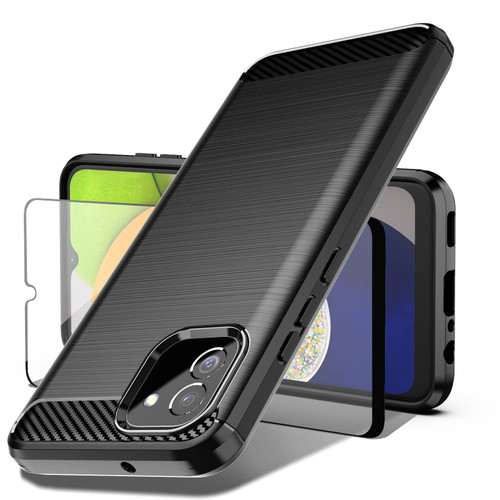 Dretal Galaxy A03 Case, Samsung A03 5G Case with Tempered Glass Screen Protector, Shock-Absorption Brushed Flexible Soft Carbon Fiber Protective Cover for Samsung Galaxy A03 (LS-Black)