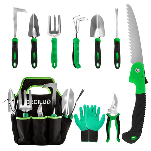 DECILUD Gardening Tool Set, 10 PCS Garden Tool Set, Stainless Steel Heavy Duty Gardening Tools Set for Digging Planting Trimming with Non-Slip Ergonomic Handle, Gardening Kit Gifts for Women and Men