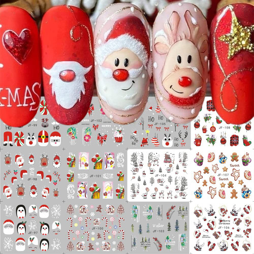 Christmas Nail Art Stickers Decals Snowman Nail Art Supplies Winter Nail Decorations Exquisite Xmas Cute Elk Santa Claus Tree Water Transfer Sliders French Tip Design for Women Manicure 12Sheets