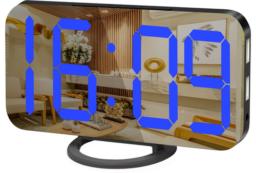 WulaWindy Digital Alarm Clock, Large Mirrored LED Display, with USB Charger, Snooze Function Dim Mode Wall Hanging Beside Desk Clock for Bedroom (Black-Blue)