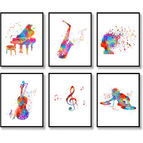 Music Poster, Musical Instrument Art Prints, Piano Violin Watercolor Music Wall Art Print, Musician Gift Home Decor, Abstract Musical Hair, Treble Clef Music Note Wall Decor (11"x14" UNFRAMED)