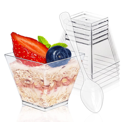 Anyumocz 100 Pack Mini Dessert Cups with 100 Pcs Spoons,Small Clear Plastic Appetizer Cups for Tasting Party,Desserts,Appetizers,Fruit,Parfait,Ice Cream