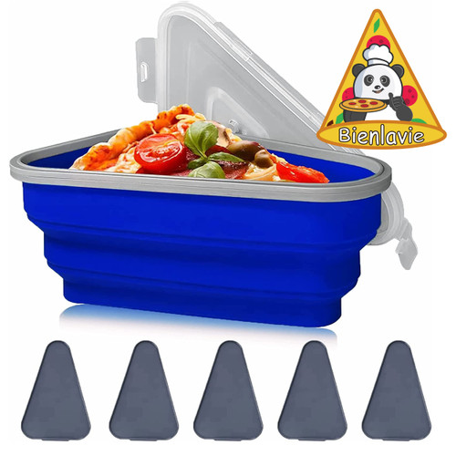 Bienlavie Pizza Storage Container Expandable,Pizza Container with 5 Microwavable Serving Trays,Adjustable Pizza Slice Container,Reusable Pizza Storage,Pizza Slice Keeper Container(Blue)