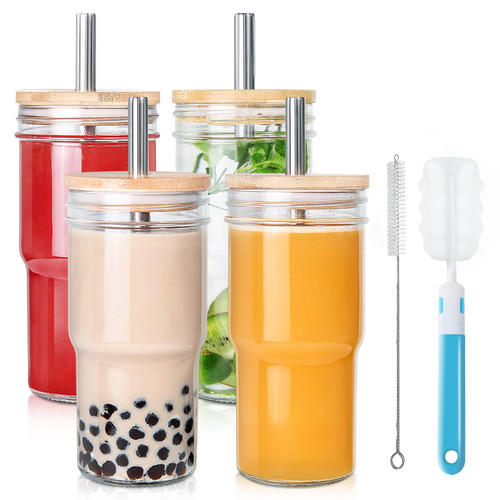 4 Pack Glass Cups with Bamboo Lids and Straws, 22 Oz Iced Coffee Cups Wide Mouth Smoothie Cup Reusable Boba Cups, Glass Tumbler with Straw and Lid, Boba Tea Cups for Pearl Tea, Juice- 2 Cleaning Brush