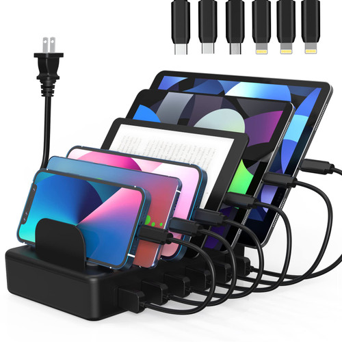 ZXSWONLY Charging Station for Multiple Devices, 50W 6 Ports USB Charging Station Organizer with 6 Cables Compatible with Cellphone, Tablet, Kindle, and Other Electronic (Black)