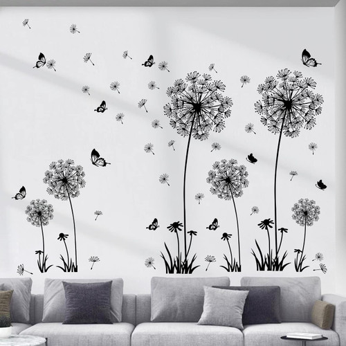 decalmile Dandelion Wall Decals Flying Flowers Butterflies Wall Art Stickers Bedroom Living Room TV Background Home Decor (2 Pack)