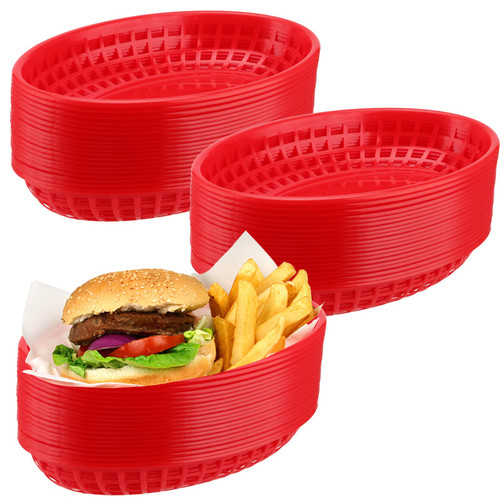 HEIHAK 60 Pack 8.9x5.7x1.6 Inch Red Plastic Fast Food Baskets, Restaurant Serving Baskets, Oval Fast Food Serving Baskets for Picnic, Deli Serving, Chicken, Burgers and Fries