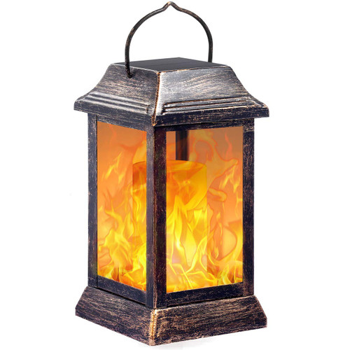 TomCare Solar Lights Metal Flickering Flame Solar Lantern Outdoor Hanging Lanterns Lighting Heavy Duty Solar Powered Waterproof Umbrella LED Flame Lights for Garden Patio Pathway Deck Yard, Bronze